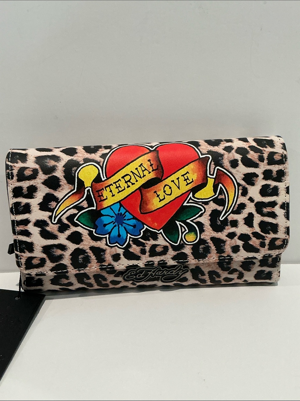 NWT Ed Hardy Eternal Love Trifold wallet with bills, ID, cards and coin slots.